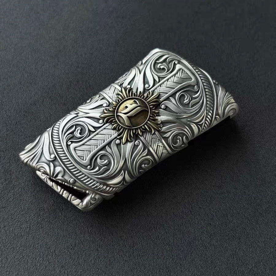 Sterling Silver Lexus Key Case with sunburst motif and floral scrollwork engraving