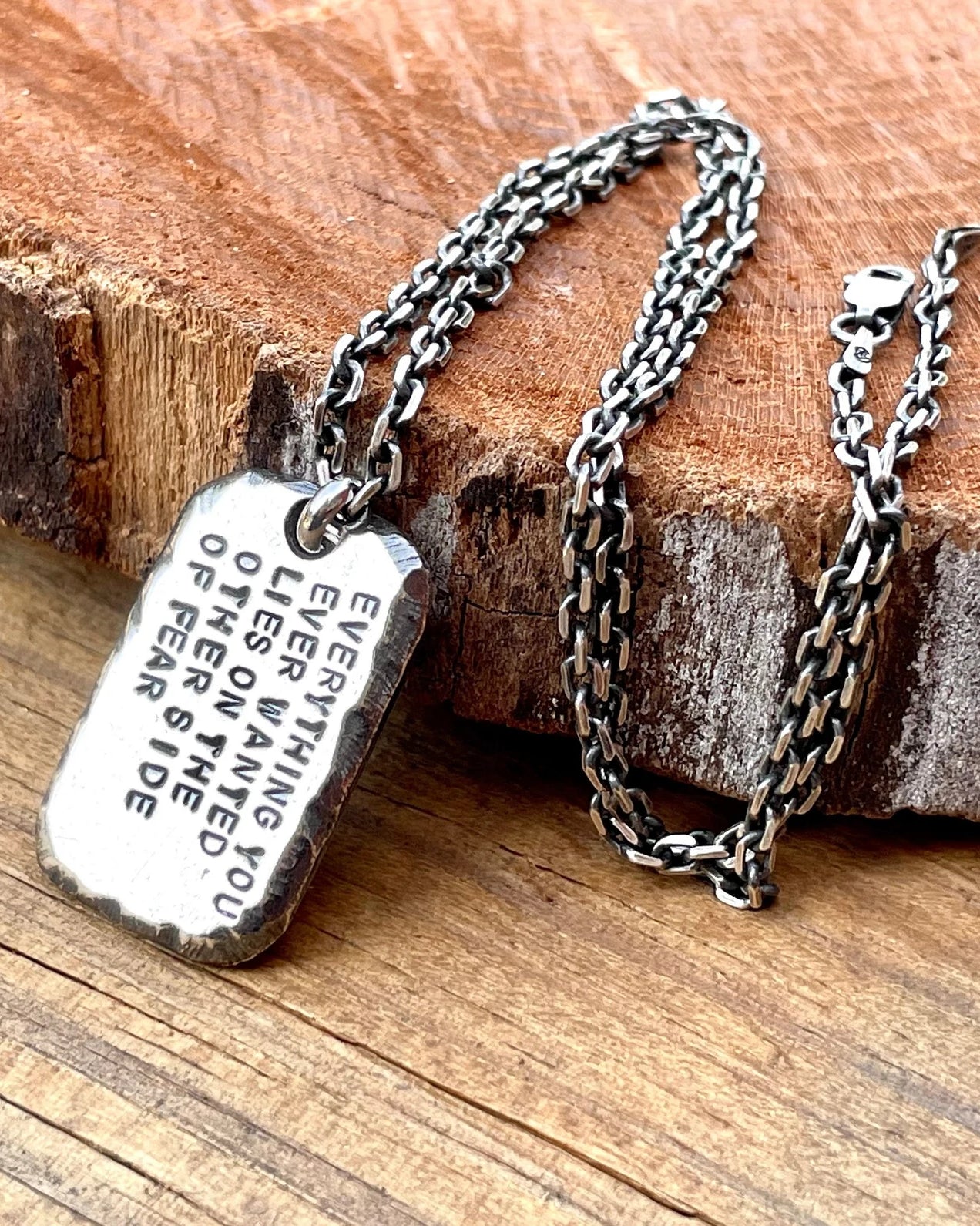 Engraved Men's 925 Silver I.D. Tag Necklace, front view beside a car key