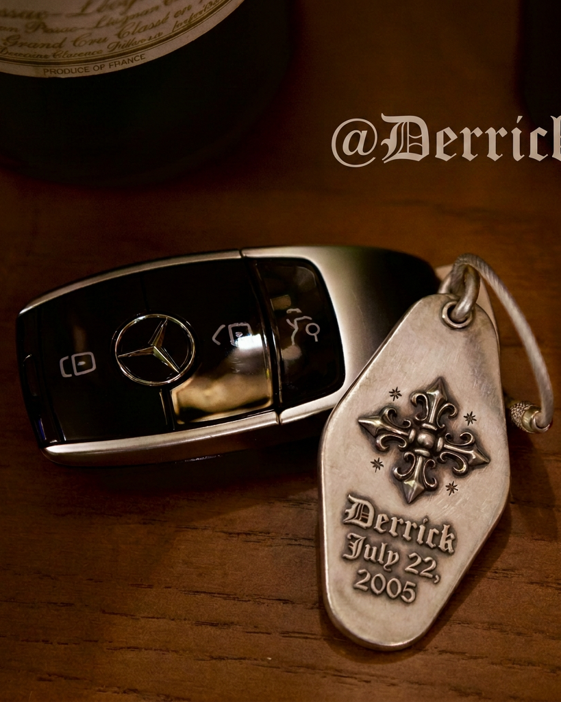 Personalized metal key tag shown with a car key