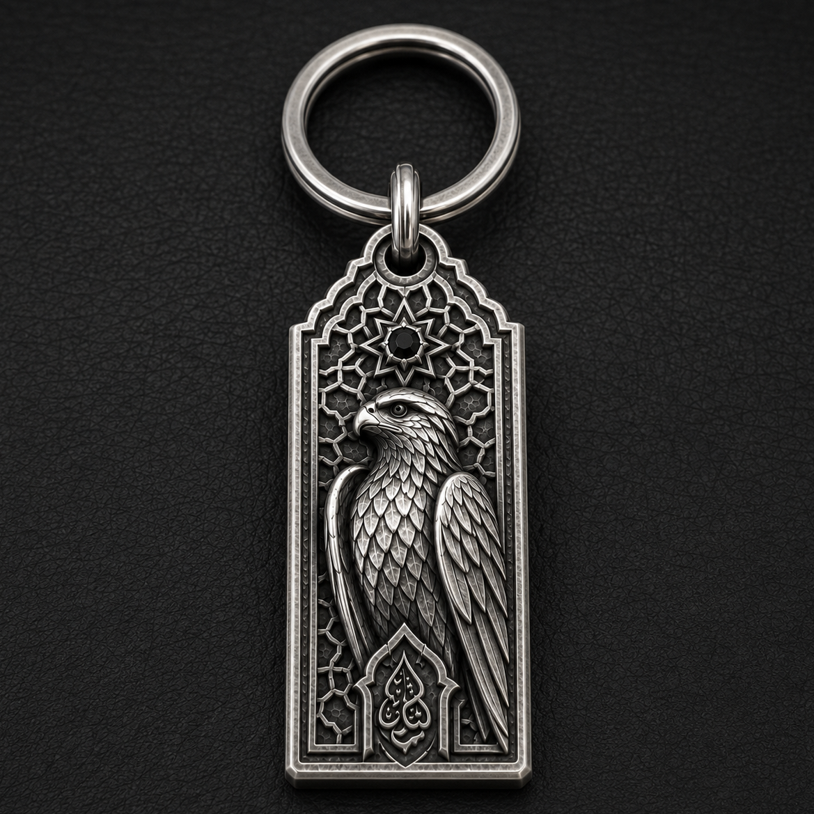 Desert Falcon Personalized Key Tag, front view beside a car key
