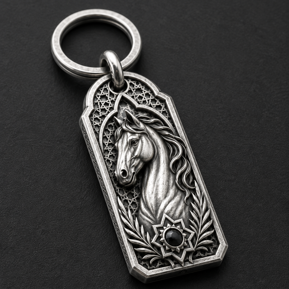 Desert Stallion Personalized Key Tag, front view beside a car key