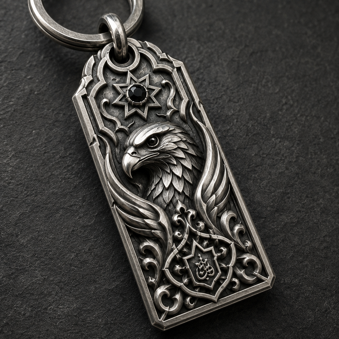 Handcrafted silver key tag, front view