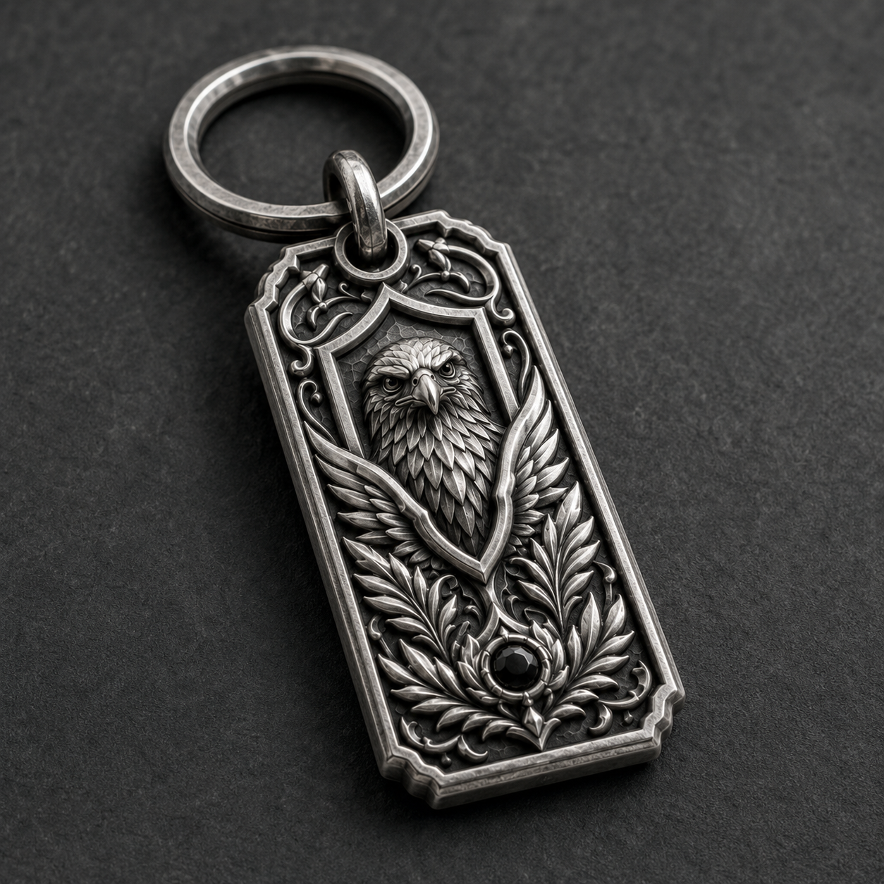 Imperial Falcon Personalized Key Tag, front view beside a car key