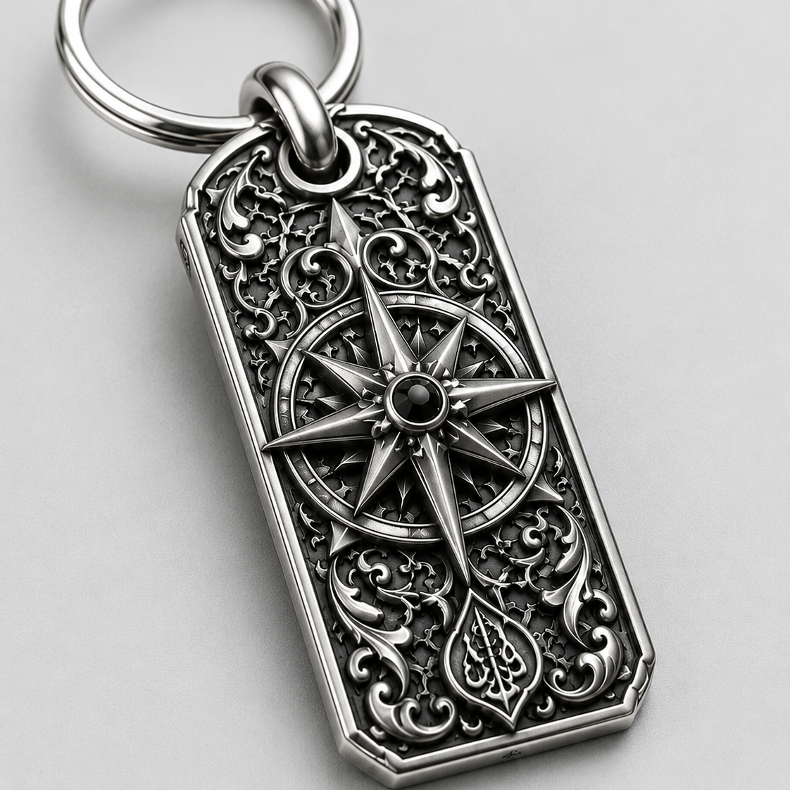 Royal Compass Personalized Key Tag, front view beside a car key