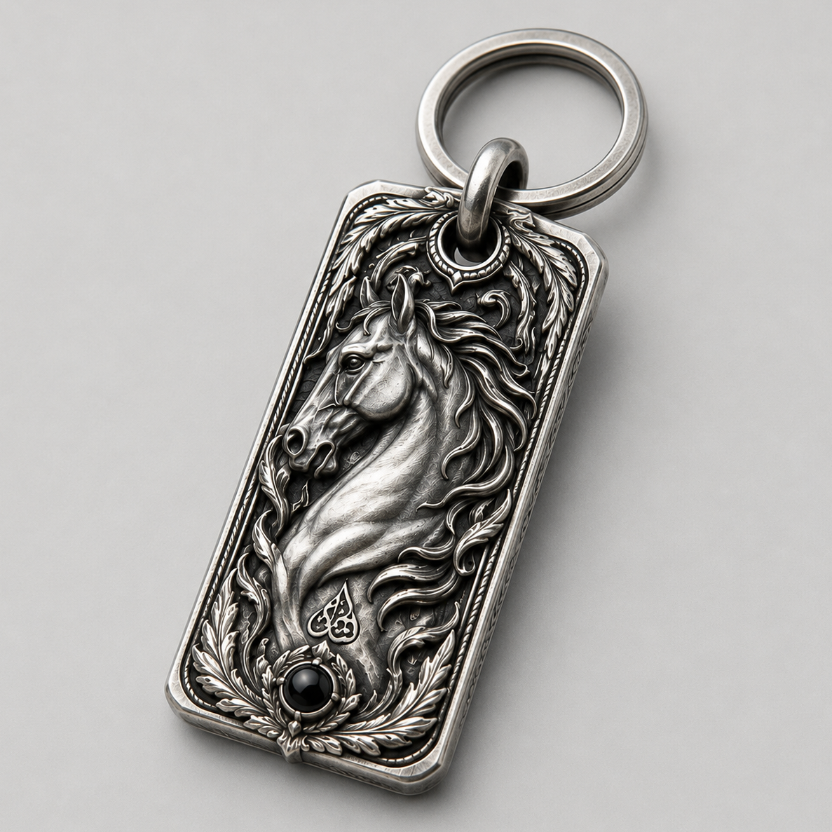 Stallion Heritage Personalized Key Tag, front view beside a car key