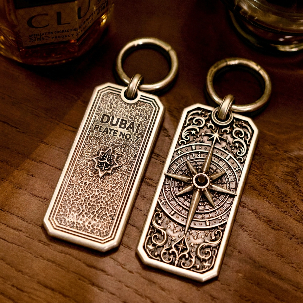 Astral Navigator Personalized Key Tag, front view beside a car key