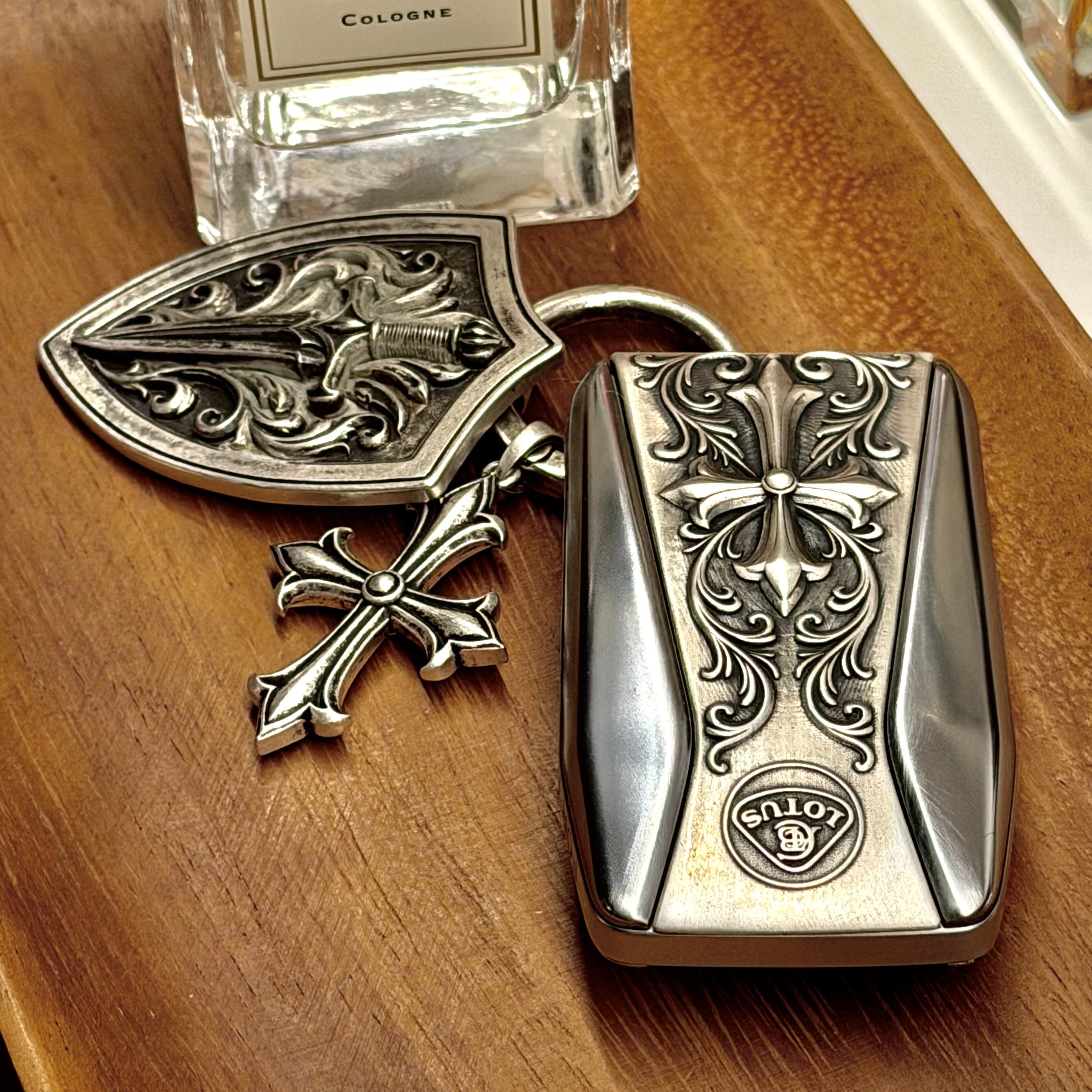 Gothic Cross 925 Silver Keychain Charm, front view beside a car key