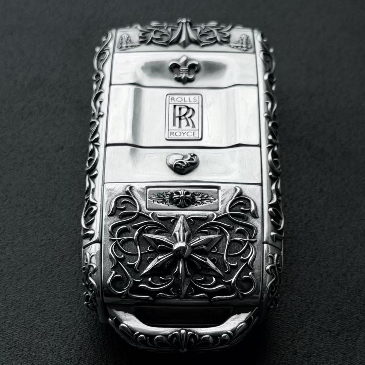 Engraved rear view of a bespoke Rolls-Royce key case used for commission planning