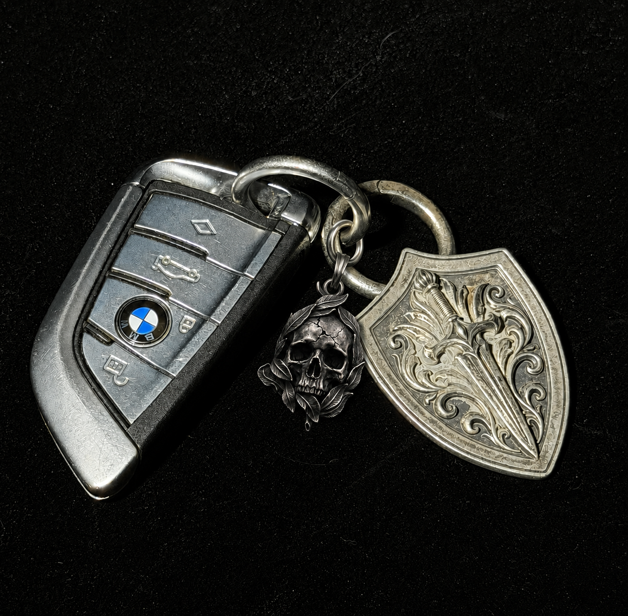 Memento Mori Skull & Feather Pendant, front view