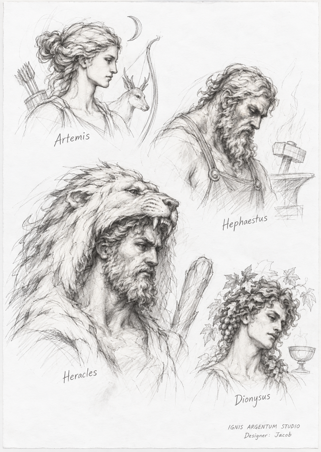 Sketch Hephaestus Heracles Artemis Dionysus — design visualization