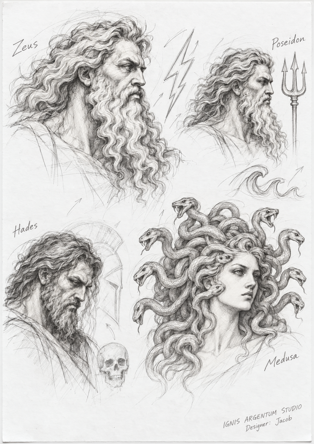Sketch Zeus Poseidon Hades Medusa — design visualization