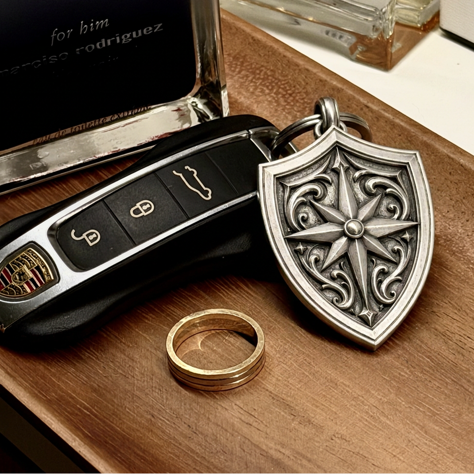 North Star Shield Silver Keychain, front view beside a car key