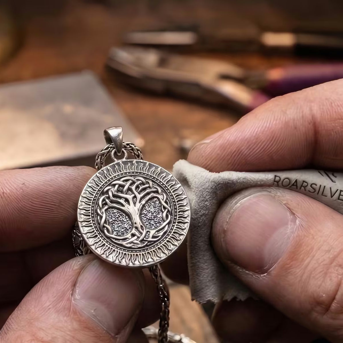 Tree of Life 925 Silver Sun Pendant, worn on a chain