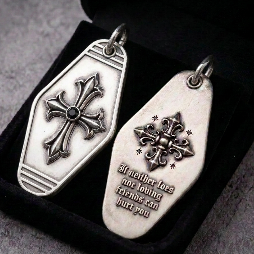 Cathedral Cross Sterling Silver Keychain, personalized back example