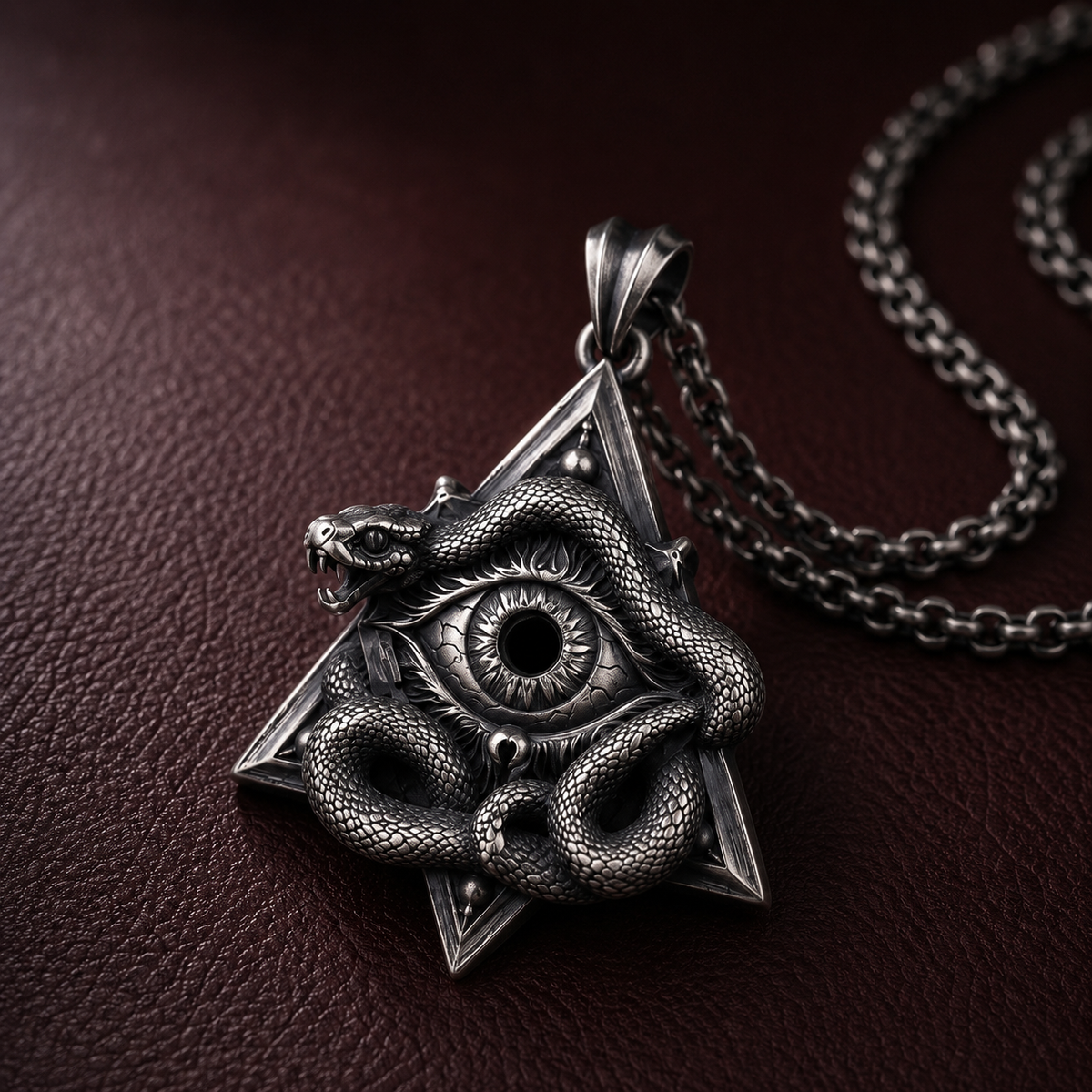 All-Seeing Eye Serpent Pendant, worn on a chain