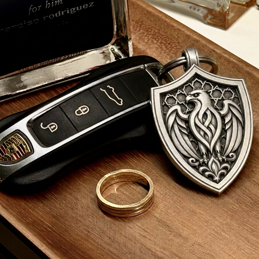 Arabian Falcon Shield Silver Keychain, back view