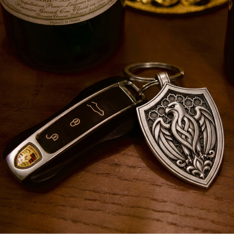 Arabian Falcon Shield Silver Keychain, engraved front detail