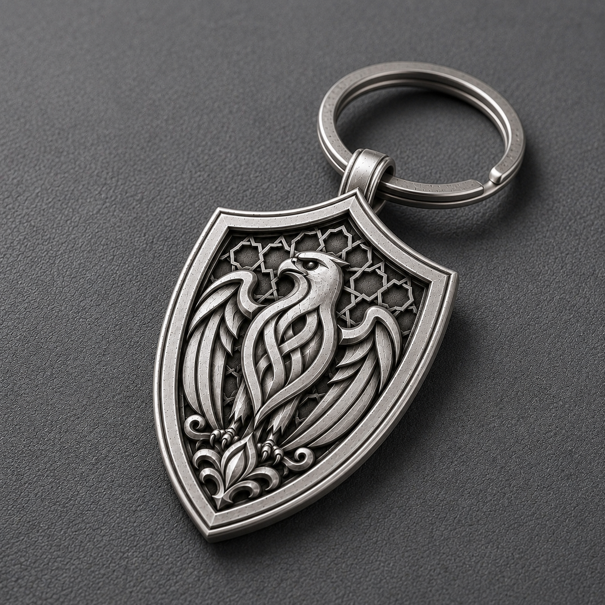 Arabian Falcon Shield Silver Keychain, front product view