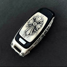 Hand-Engraved Floral Cross Pattern on Sterling Silver Audi Key Shell - Intricate Detail Work with Refined Patina Understated Luxury Craftsmanship Close-Up