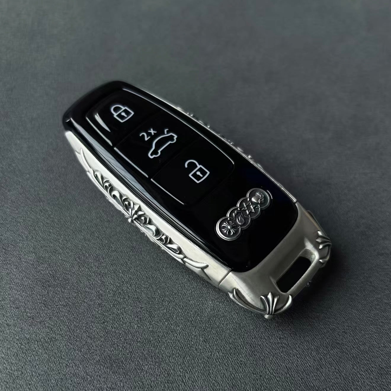 Original Audi Four-Ring Emblem Preserved on Solid Silver Key Shell - Brand Identity Maintained with Hand-Finished Silver Surround Substantial Presence