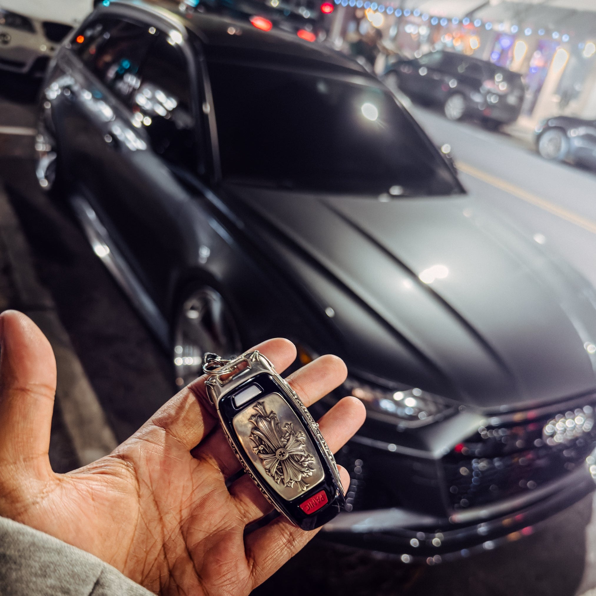 Vertical Three-Button Layout Cutout on Audi Sterling Silver Key Case - Precise Openings for Lock Unlock Trunk Release Buttons, Precision Fit Guarantee