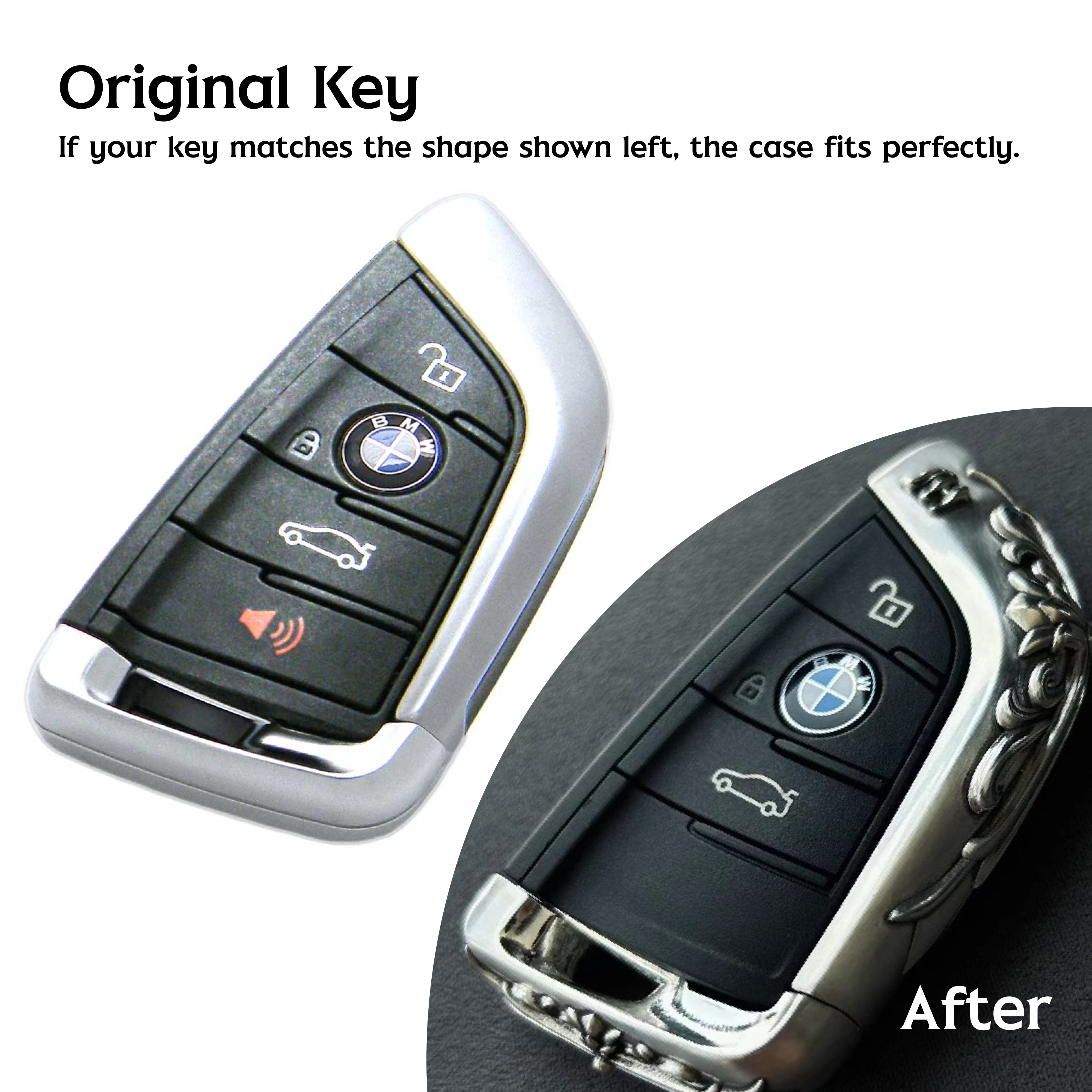 BMW key transformation before and after adding handcrafted silver case protection showing perfect fit if key shape matches original with text guide