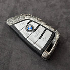BMW E90 key case in 925 sterling silver with cloud style ultra-matte finish and hand-engraved border, designed for 2006-2014 3-series sedans