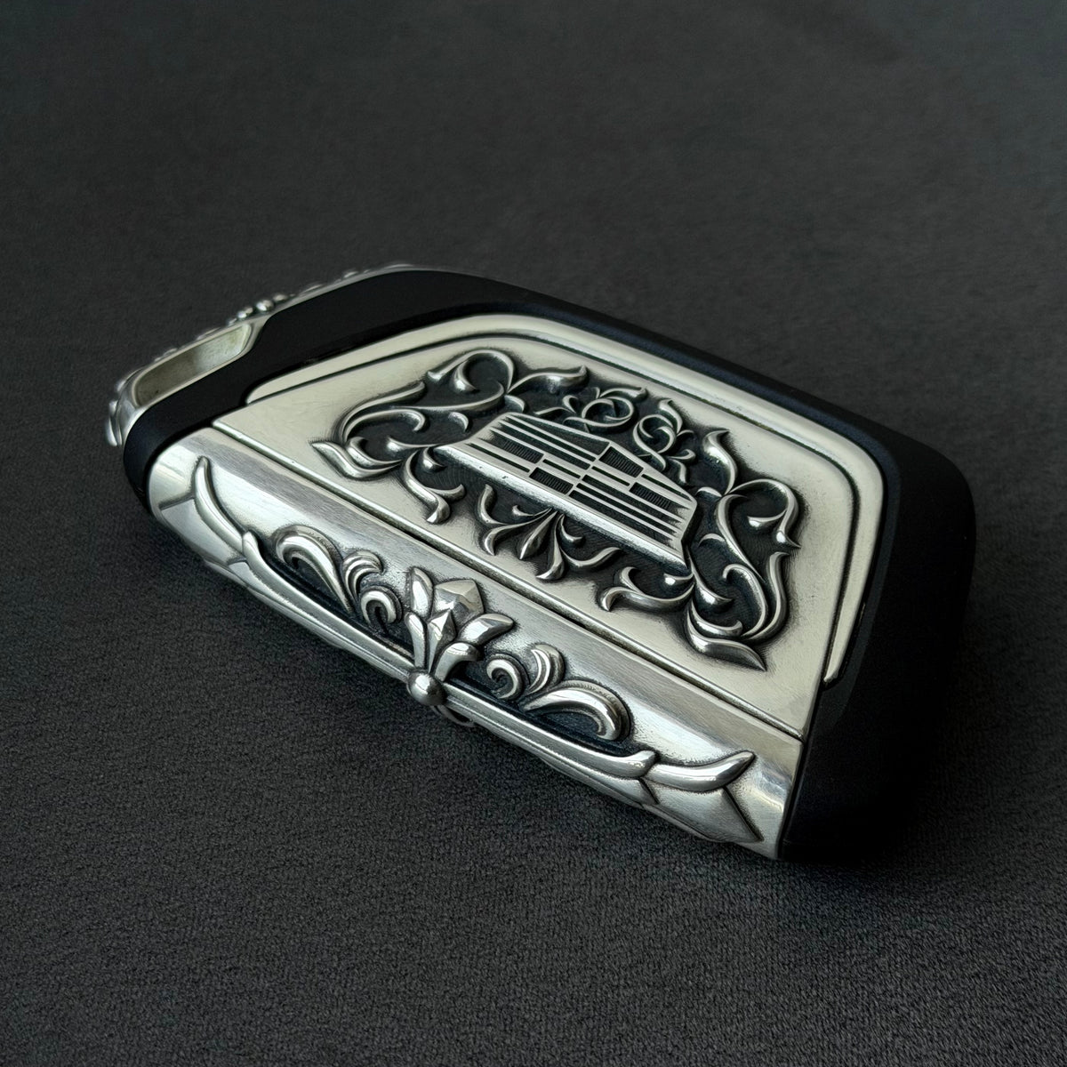 Handcrafted silver car key case, back view