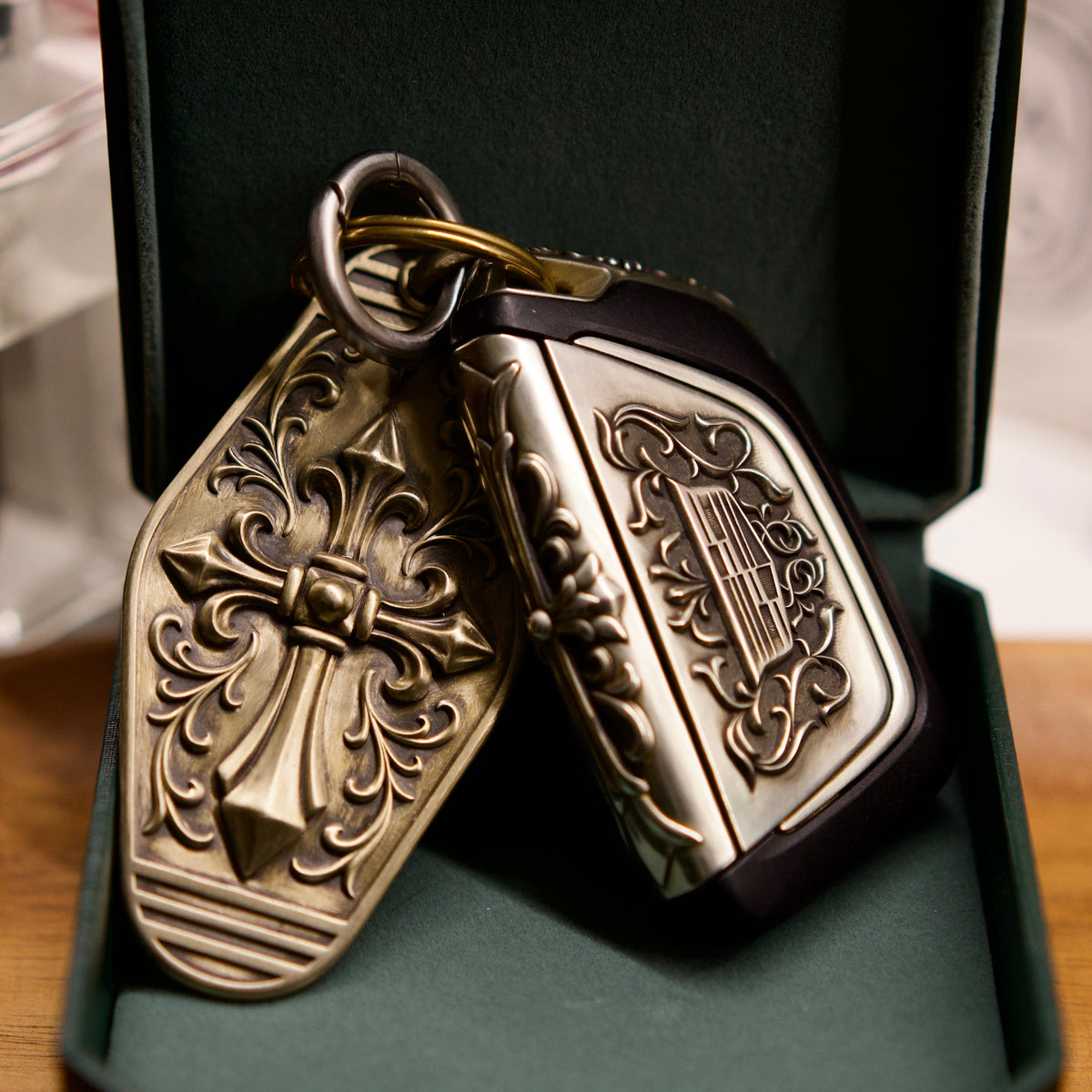 Cadillac Silver Key Case for 4/5/6-Button Keys, front three-quarter view