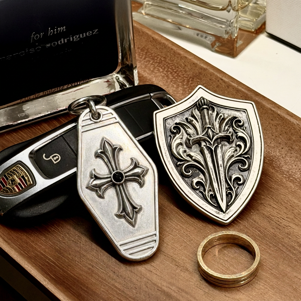 Cathedral Cross Sterling Silver Keychain, lifestyle display