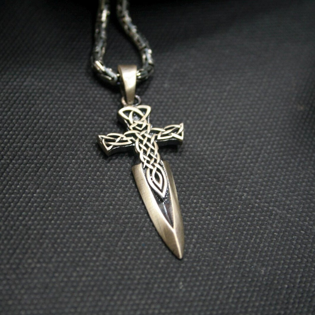 Celtic Sword Cross 925 Silver Pendant, alternate front view