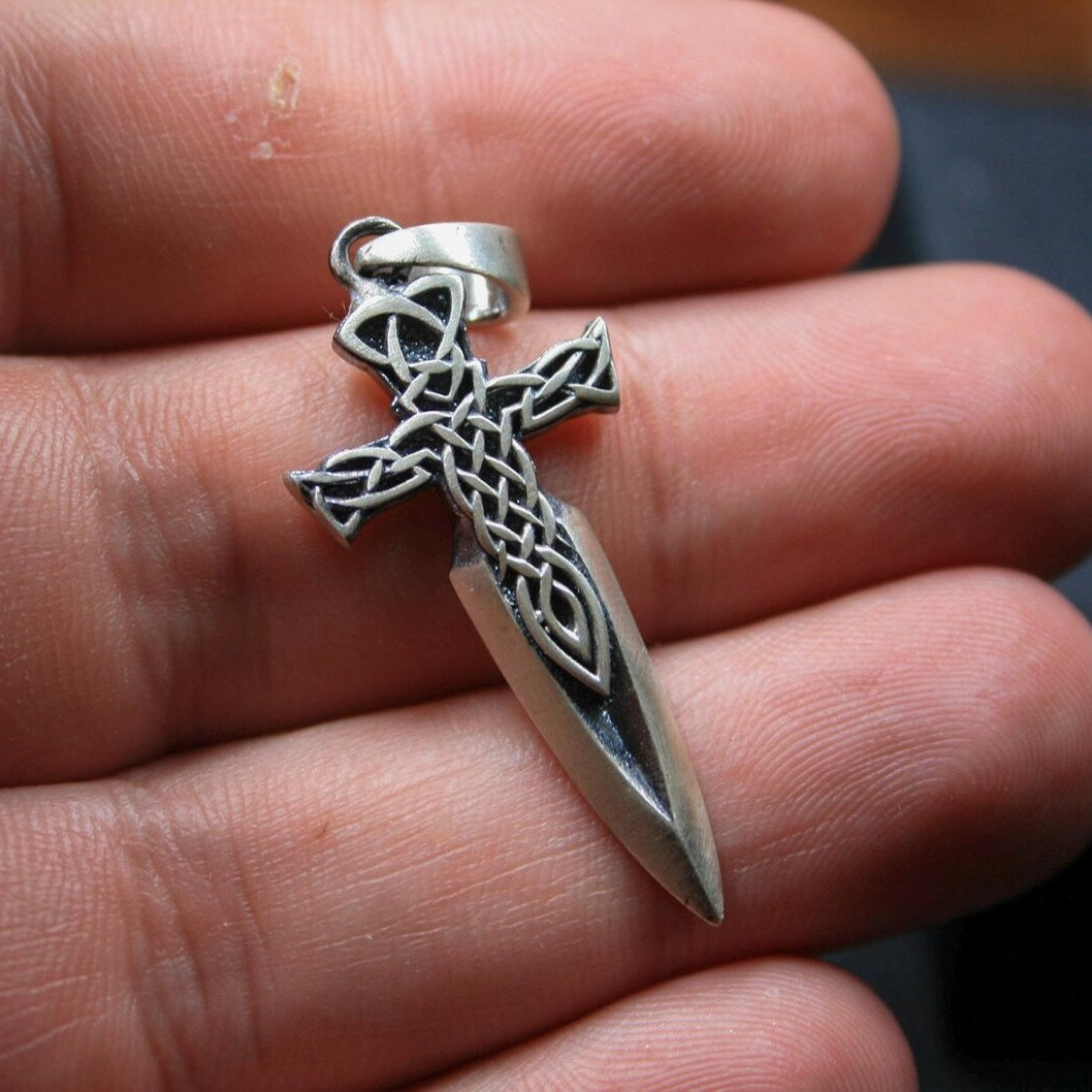 Celtic Sword Cross 925 Silver Pendant, worn on a chain