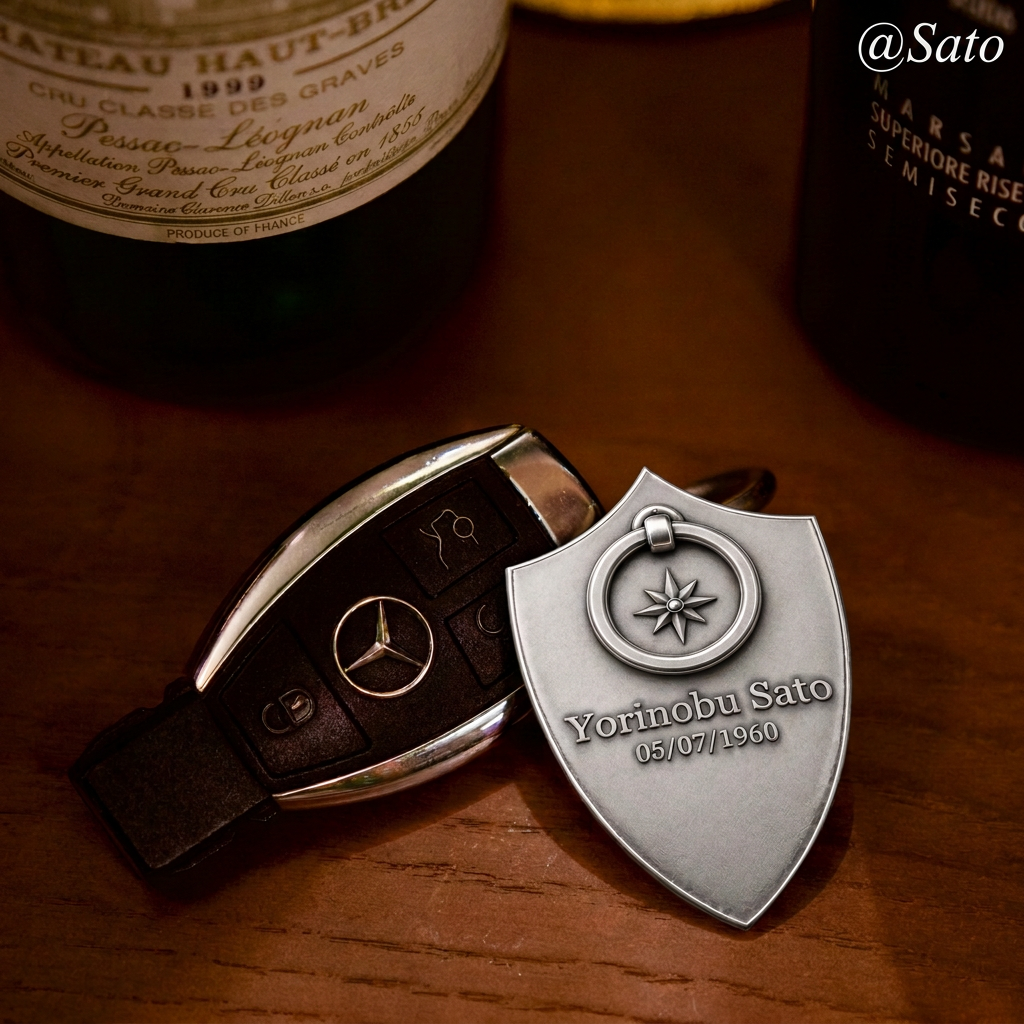 Custom engraved shield keychain paired with a Mercedes-Benz key
