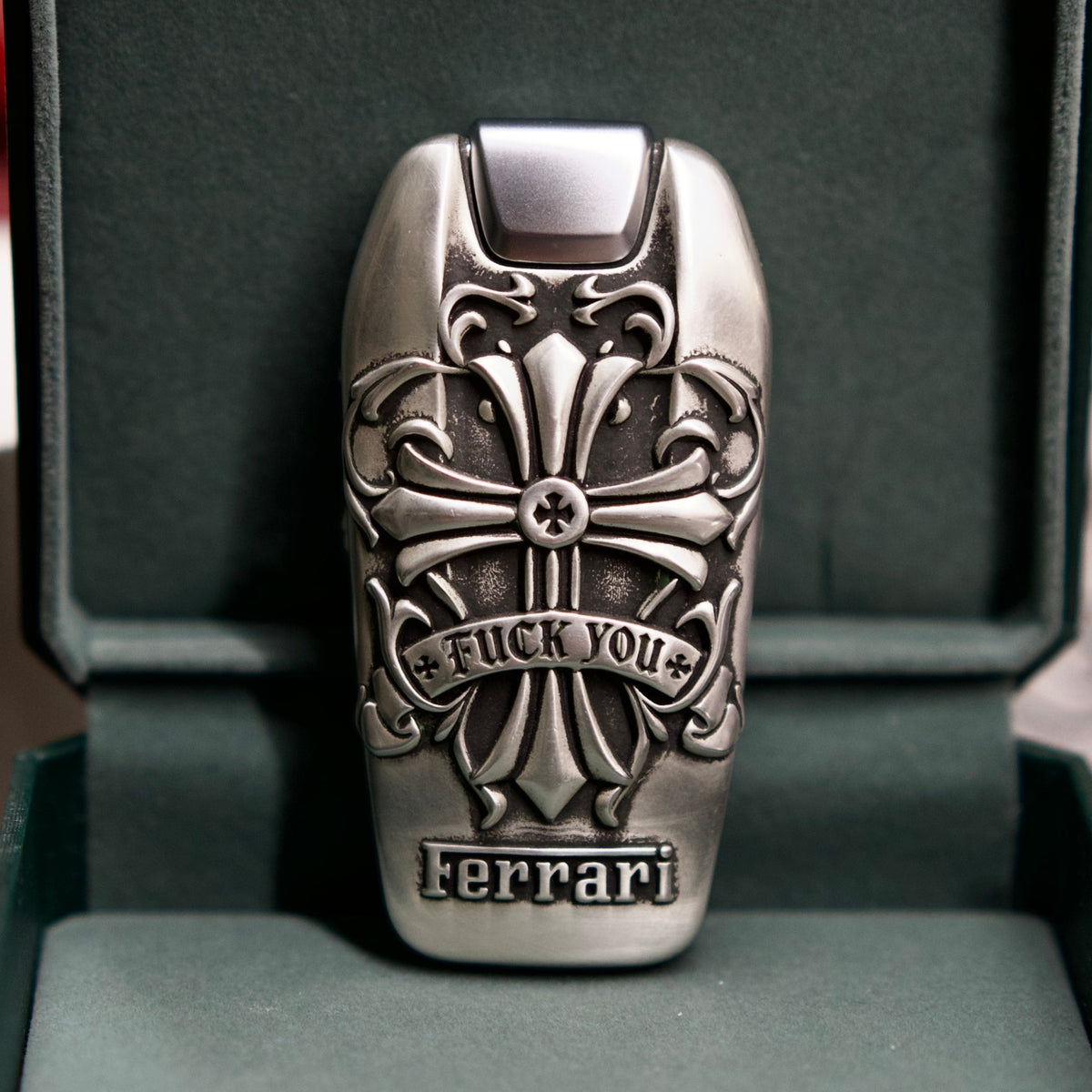 Custom Ferrari Key Case, back engraving close-up