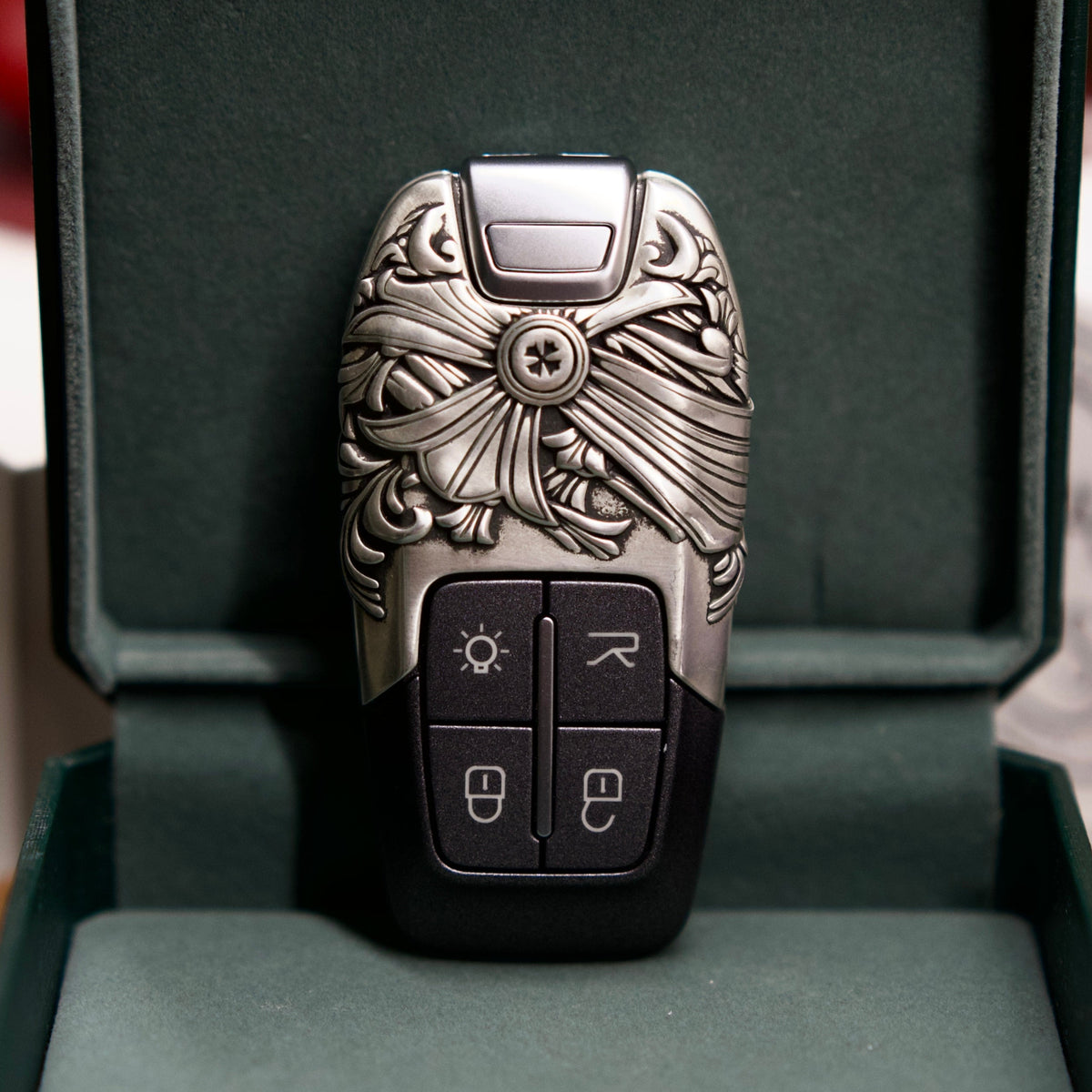 Custom Ferrari Key Case, front button close-up