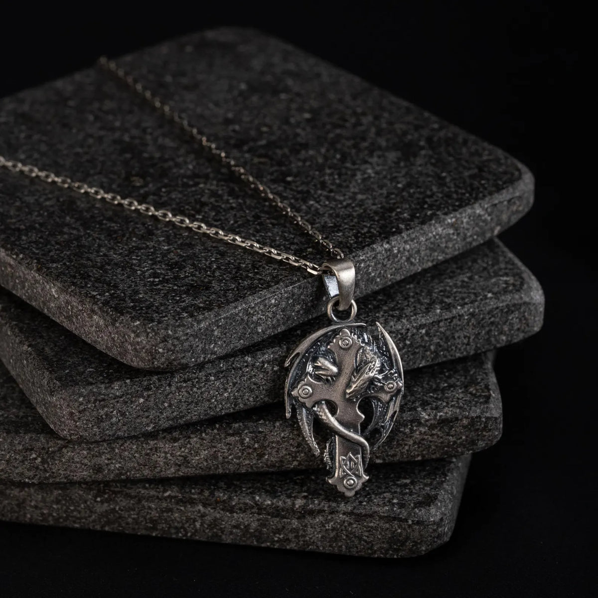 Dragon Cross 925 Silver Pendant, back view