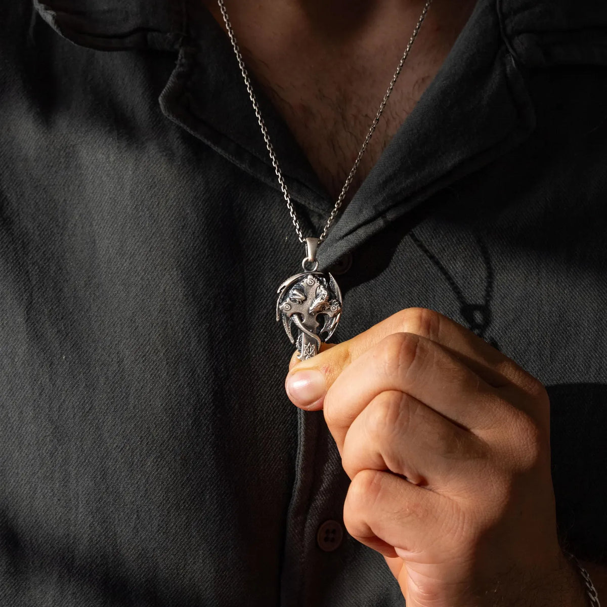 Dragon Cross 925 Silver Pendant, engraved front detail