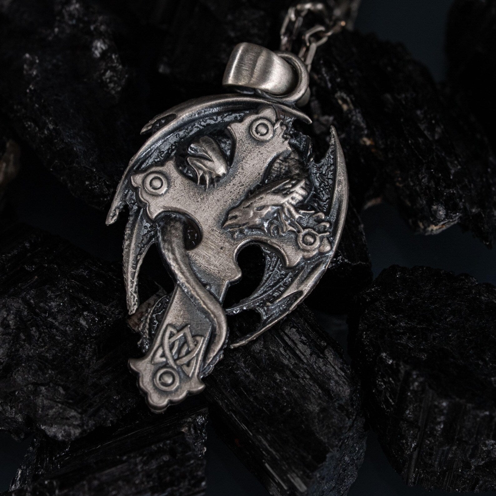 Dragon Cross 925 Silver Pendant, front view beside a car key