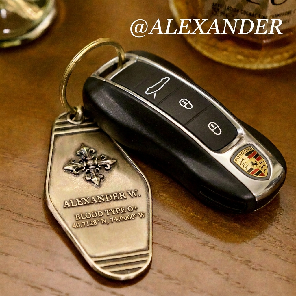 Engraved metal key tag shown against a dark background