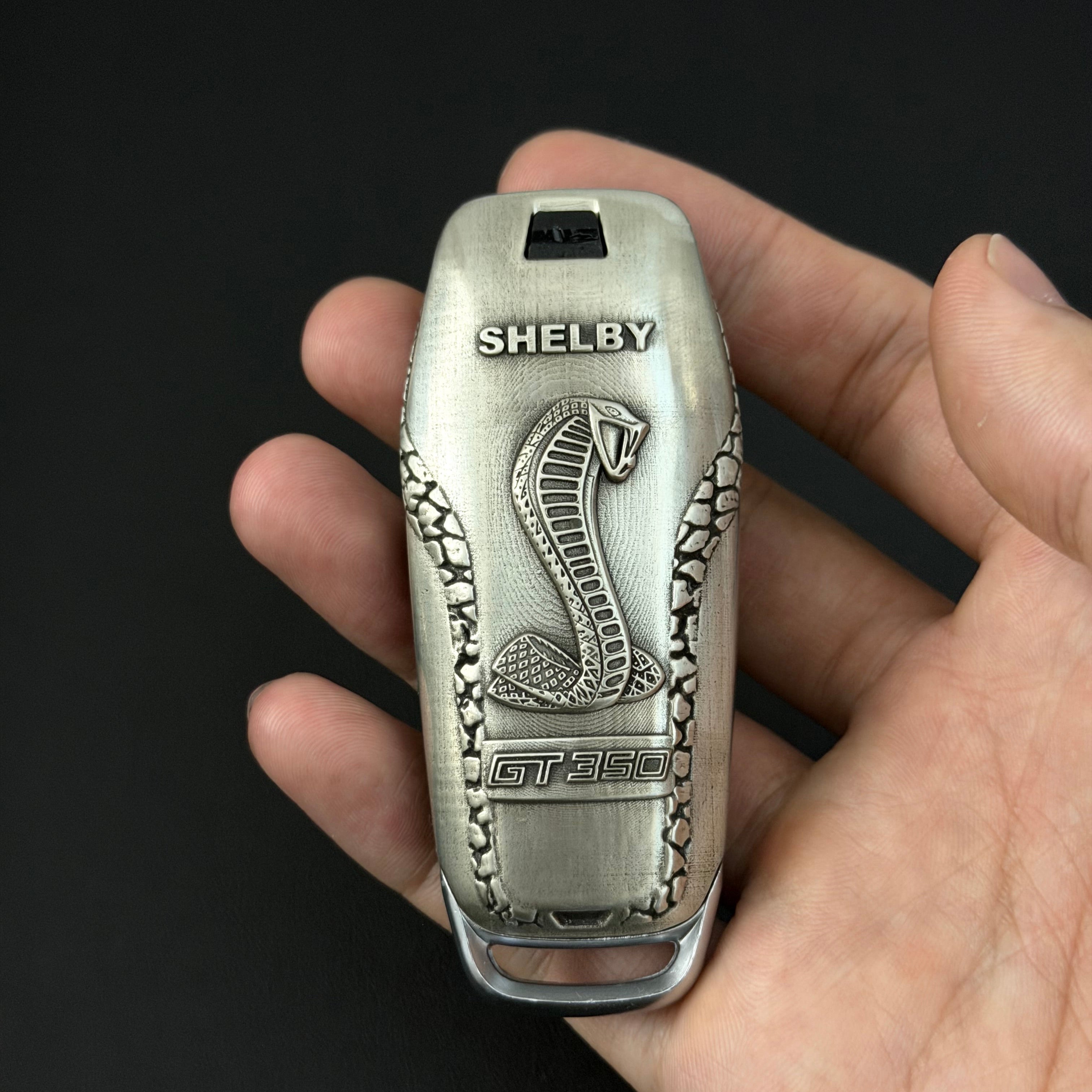 Ford Mustang Shelby GT350 Silver Key Case, front three-quarter view
