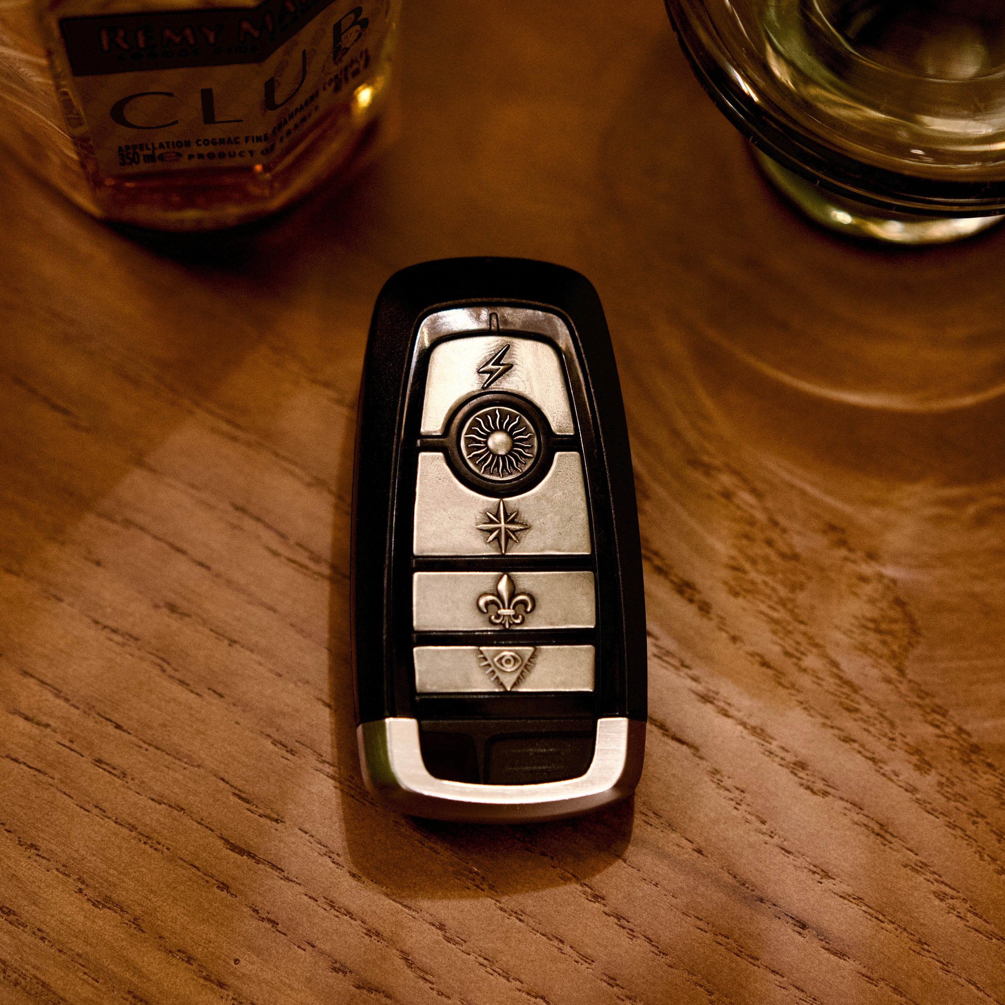 Ford Mustang Silver Key Case, front three-quarter view