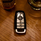 Ford Mustang Silver Key Case, front three-quarter view