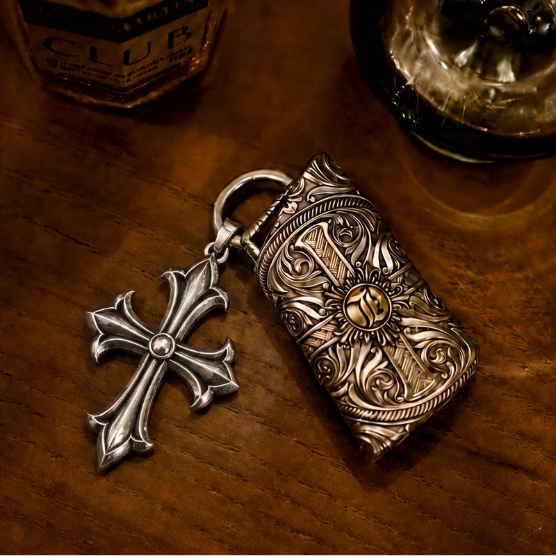 Gothic Cross 925 Silver Keychain Charm, engraved front detail