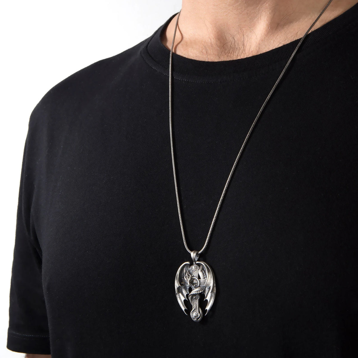 Gothic Dragon Cross 925 Silver Necklace, engraved front detail