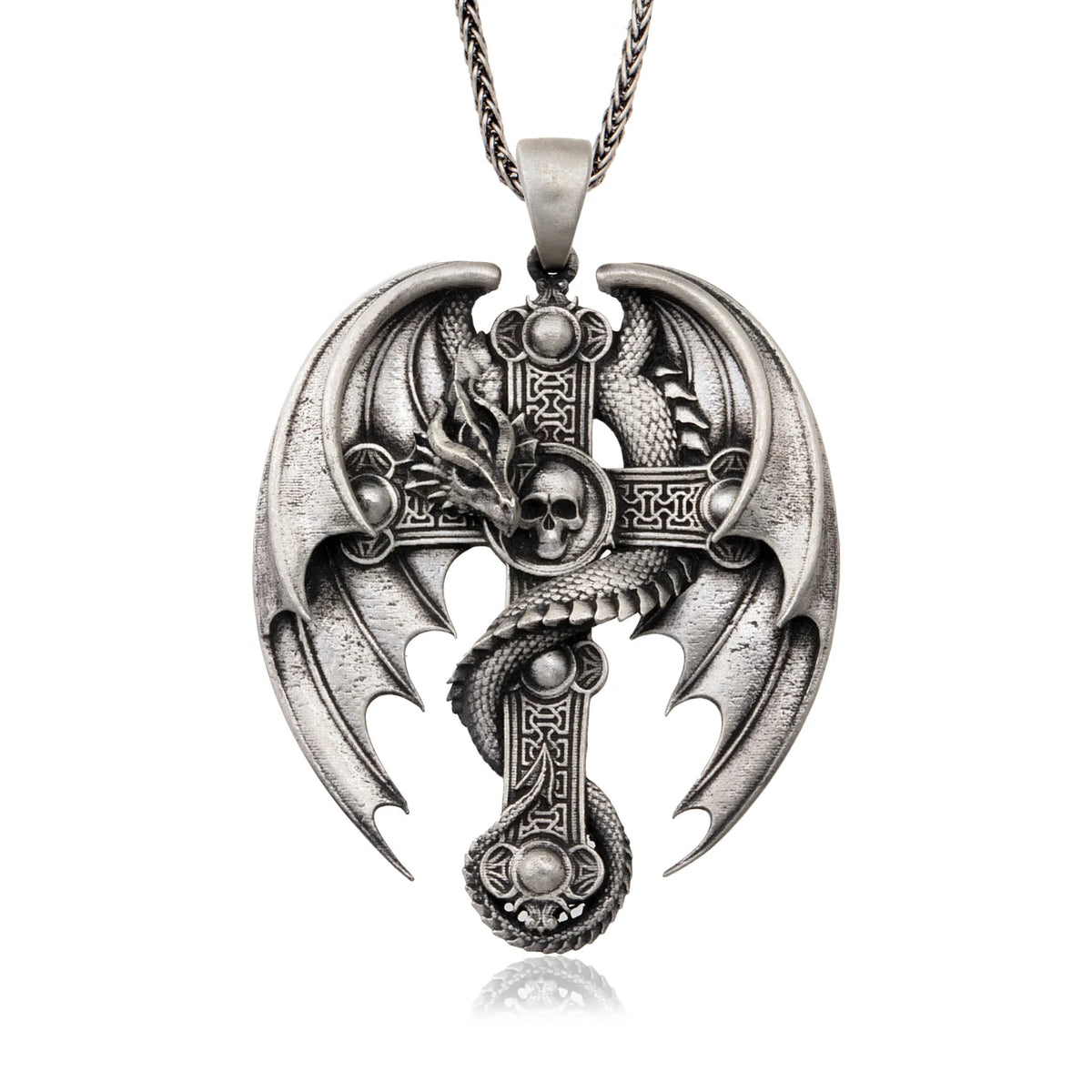 Gothic Dragon Cross 925 Silver Necklace, front product view