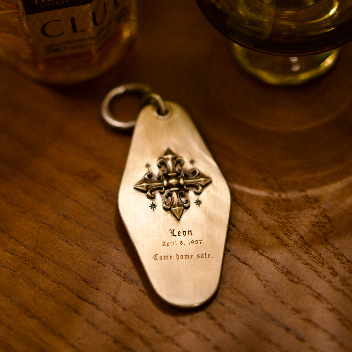 Gothic Fleur Cross Silver Keychain, lifestyle display