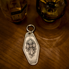 Gothic Fleur Cross Silver Keychain, second personalization example