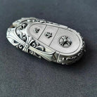 Angled view of hand-finished rounded capsule design with Mercedes key fob inserted