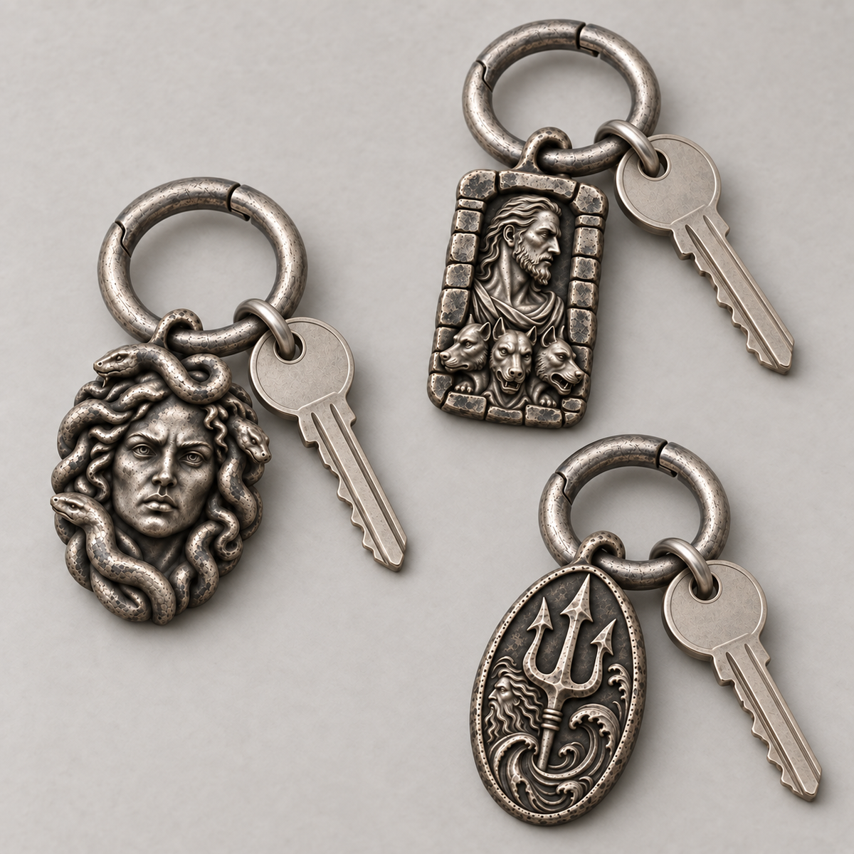 Three silver spring-gate ring sets with Medusa, Hades and Poseidon MYTHOS charms and house keys; charms and keys sold separately