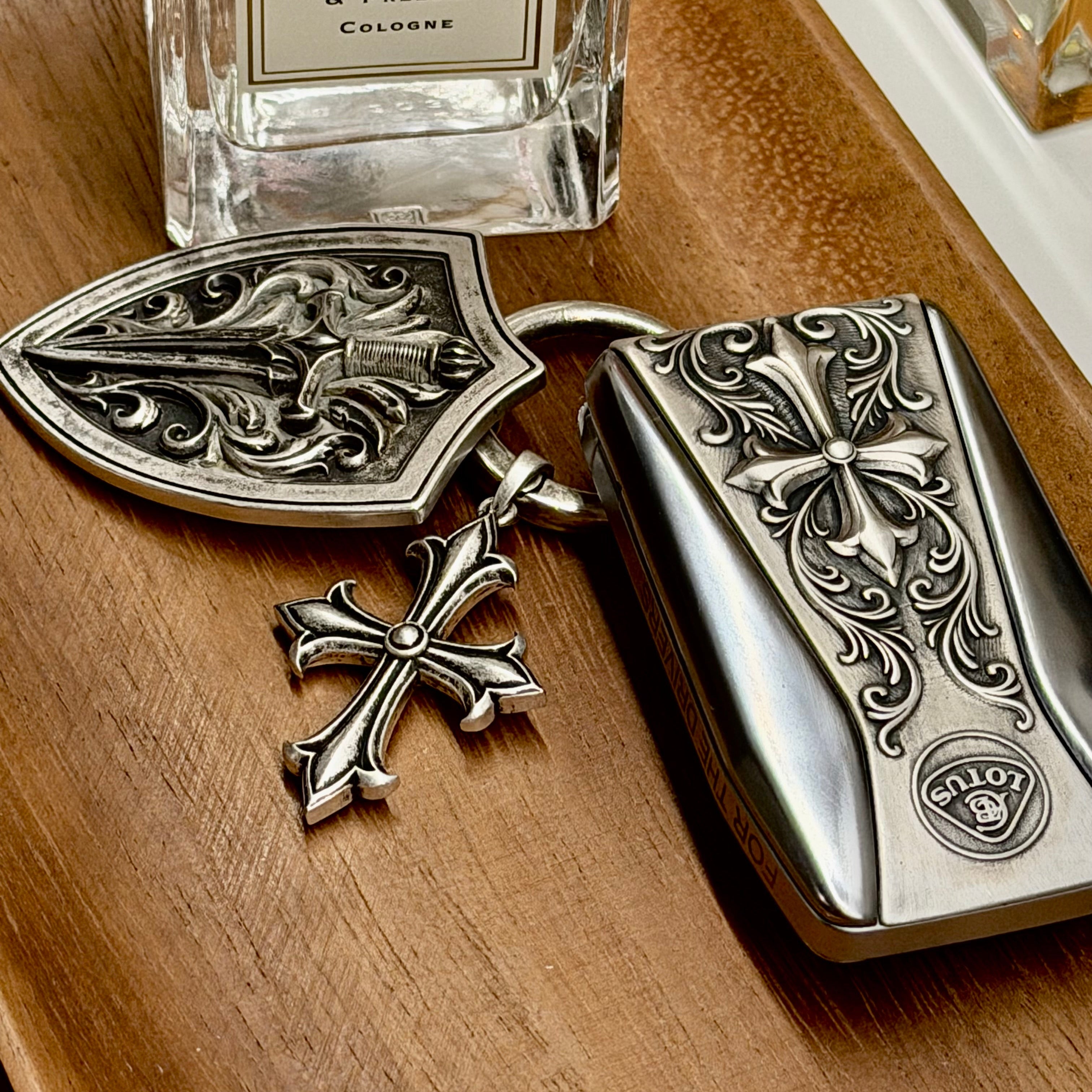 Handcrafted silver car key case, back view